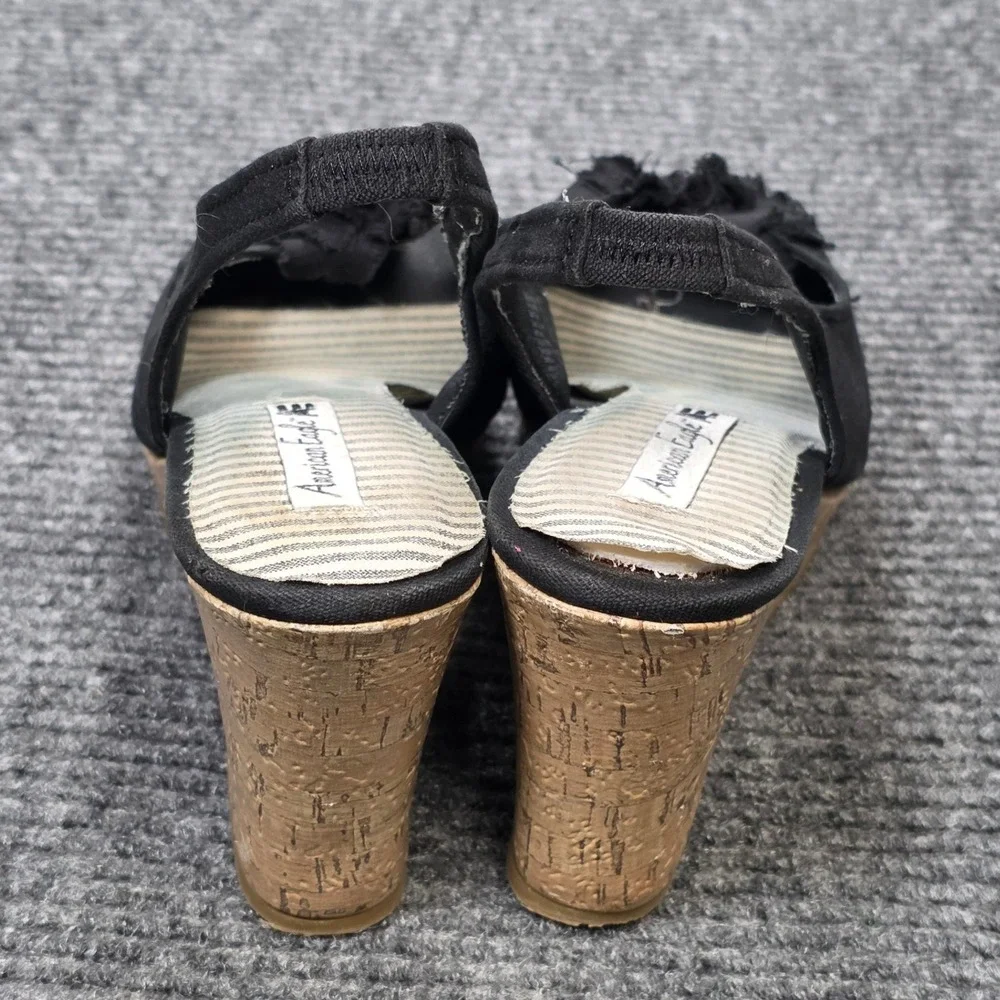 American Eagle Floral Cork Wedges Womens Size 11 Black Canvas Peep Toe Slingback